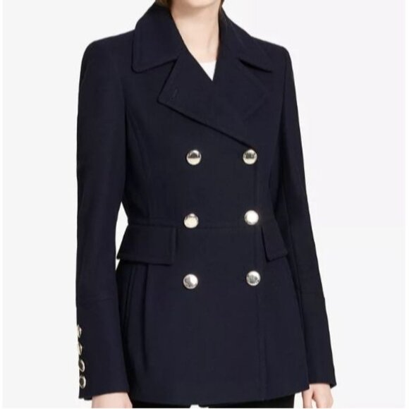 Calvin Klein Womens Navy Blue Peacoat Jacket Medium Wool Blend Double Breasted - Picture 1 of 16